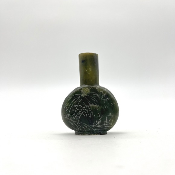 Vintage Miniature Jade Stone Snuff Bottle Etched Palm Tree Sailboat Small Decor - Picture 2 of 8